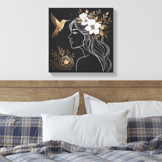 Minimalist Feminine Wall Art with Gold Botanical Canvas Afdruk (Insitu (Slaapkamer))
