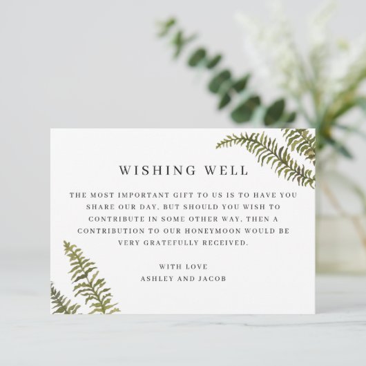 Minimalist Fern Wishing Well | Elegant Wedding Informatiekaartje (Staand voorkant)