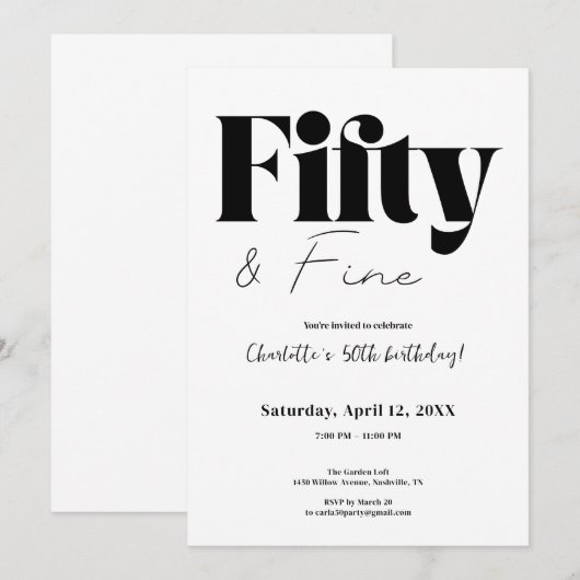 Minimalist Fifty & Fine 50th Birthday Kaart (Voorkant / Achterkant)