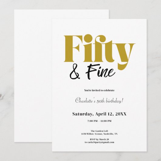 Minimalist Fifty & Fine 50th Birthday Kaart (Voorkant / Achterkant)