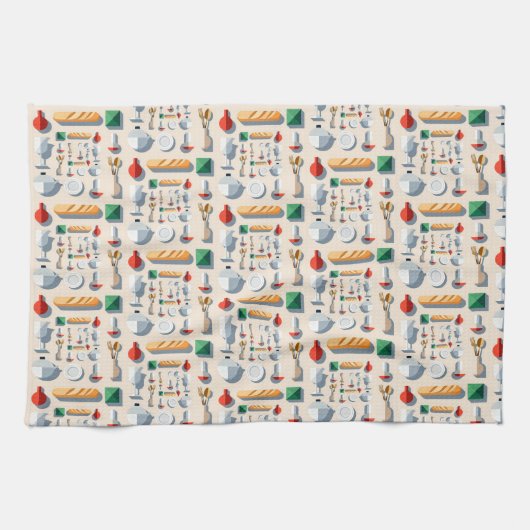 Minimalist flat vector kitchenware and baguettes theedoek (Horizontaal)