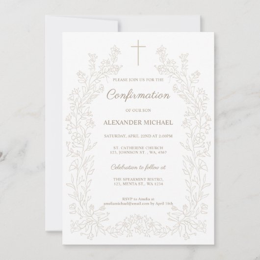 Minimalist Floral Cross Confirmation Kaart (Voorkant)