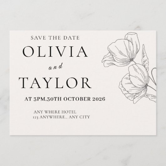 Minimalist Floral Line Art Save the Date Card (Voorkant)