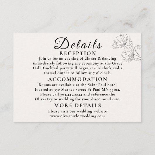Minimalist Floral Line Art Wedding Enclosure Card Informatiekaartje (Voorkant)