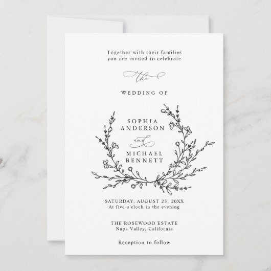 Minimalist Floral Line Art Wedding Invitation Kaart (Voorkant)