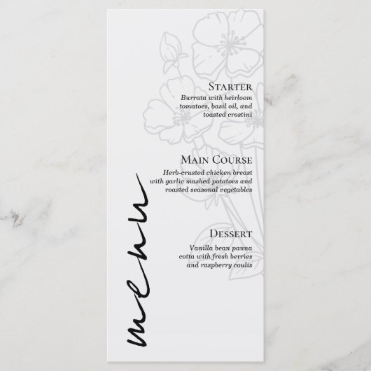 Minimalist Floral Line Art Wedding Menu Card (Voorkant)