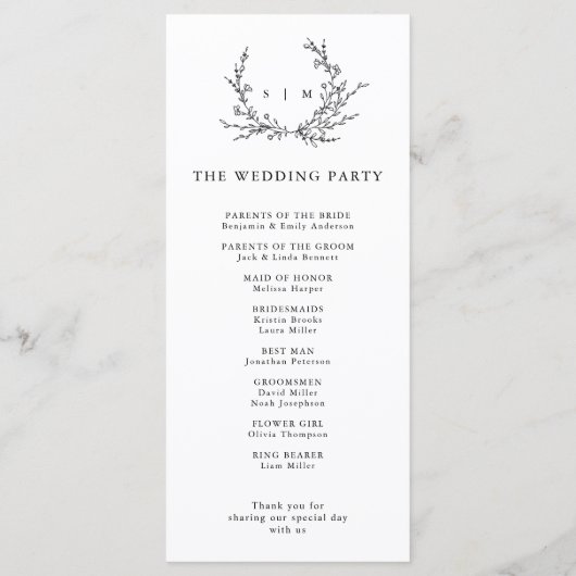 Minimalist Floral Line Art Wedding Program Programmakaart (Achterkant)