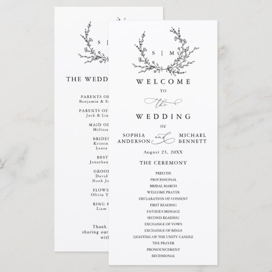 Minimalist Floral Line Art Wedding Program Programmakaart (Voorkant / Achterkant)