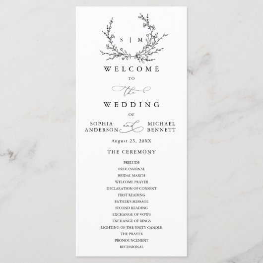 Minimalist Floral Line Art Wedding Program Programmakaart (Voorkant)