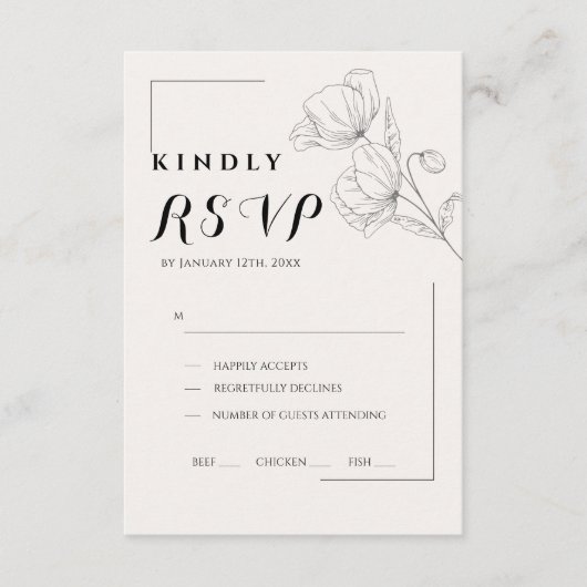 Minimalist Floral Line Art Wedding RSVP Card (Voorkant)
