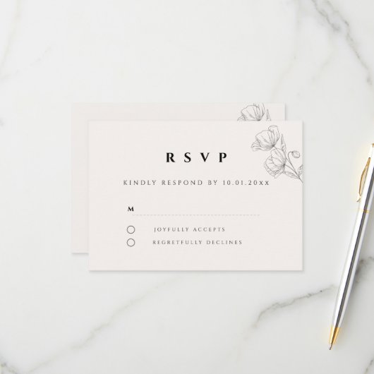 Minimalist Floral Line Art Wedding RSVP Card (Voorkant / Achterkant in situ)