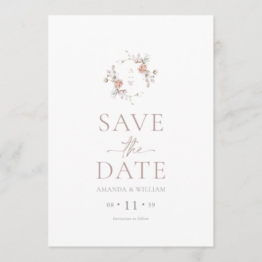Minimalist Floral Monogram Save the Date Card Kaart (Voorkant)