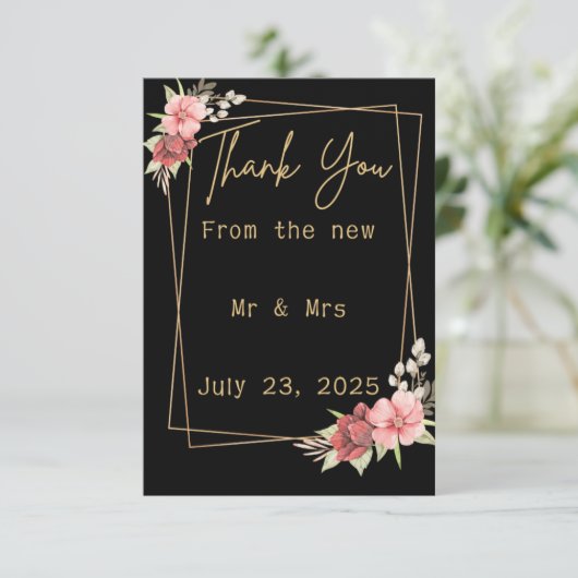 Minimalist Floral Wedding | Black & White Elegant  Bedankkaart (Staand voorkant)