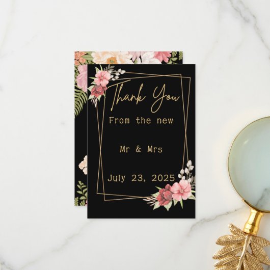 Minimalist Floral Wedding | Black & White Elegant  Bedankkaart (Voorkant / Achterkant in situ)