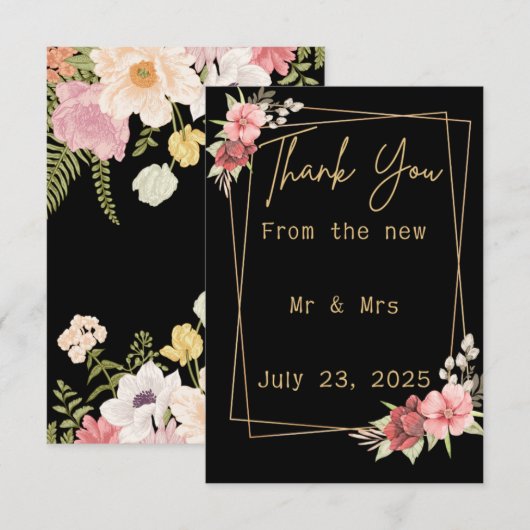 Minimalist Floral Wedding | Black & White Elegant  Bedankkaart (Voorkant / Achterkant)