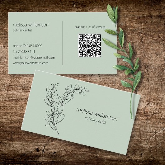 Minimalist Foliage on Sage Green with QR Code  Visitekaartje