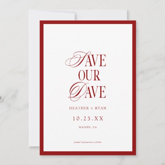 Minimalist Formal Red Wedding Photo Save The Date (Voorkant)