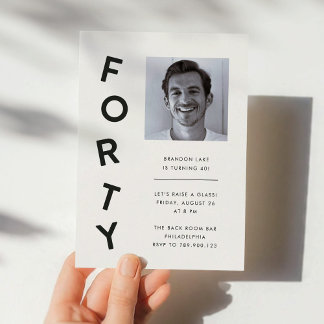 Minimalist Forty Black + White 40th Birthday Party Kaart