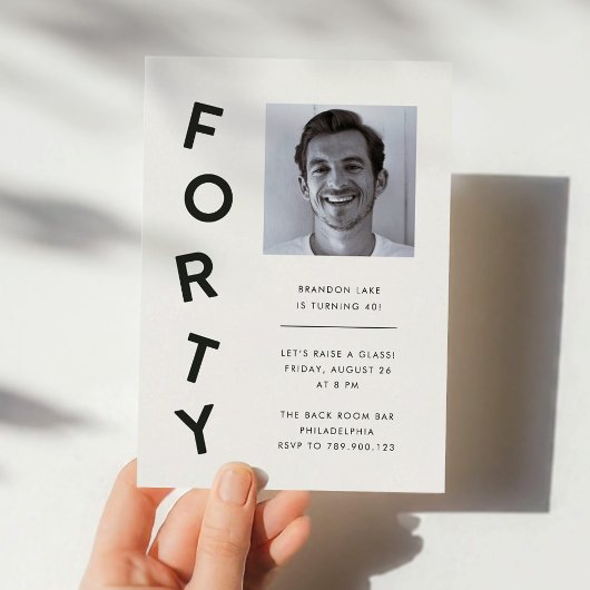 Minimalist Forty Black + White 40th Birthday Party Kaart