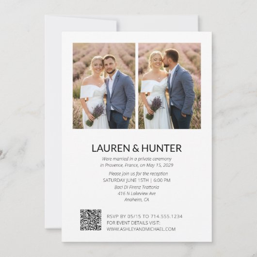 Minimalist Getrouwd 3 Fotoscript QR Code Bruiloft Aankondiging (Achterkant)