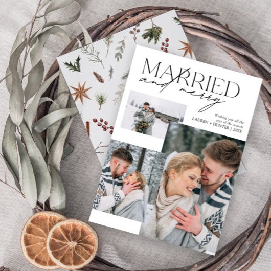 Minimalist Getrouwd en Vrolijk Pas getrouwd Foto Feestdagenkaart