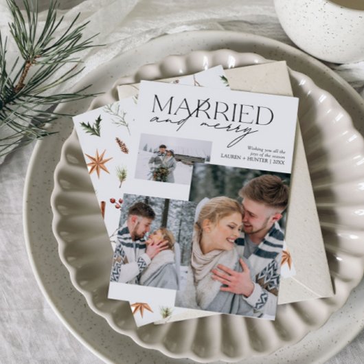 Minimalist Getrouwd en Vrolijk Pas getrouwd Foto Feestdagenkaart