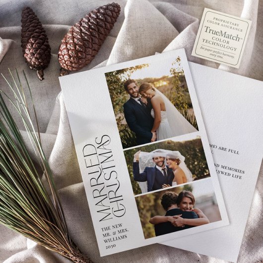 Minimalist getrouwde kerst Pas getrouwd 3 foto Feestdagenkaart