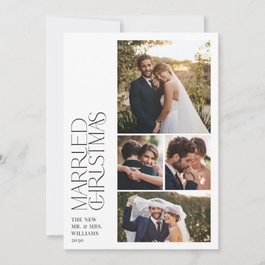Minimalist getrouwde kerst Pas getrouwd 4 foto Feestdagenkaart (Voorkant)