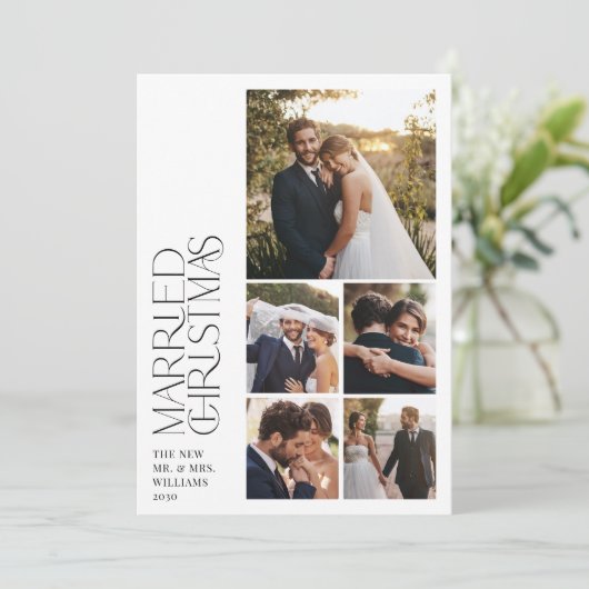 Minimalist getrouwde kerst Pas getrouwd 5 foto Feestdagenkaart (Staand voorkant)
