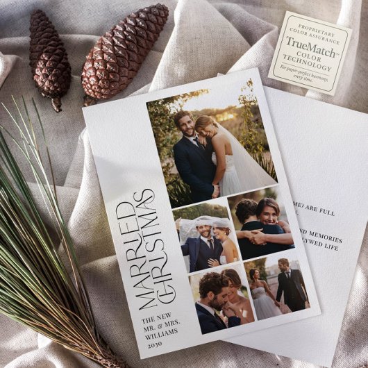 Minimalist getrouwde kerst Pas getrouwd 5 foto Feestdagenkaart