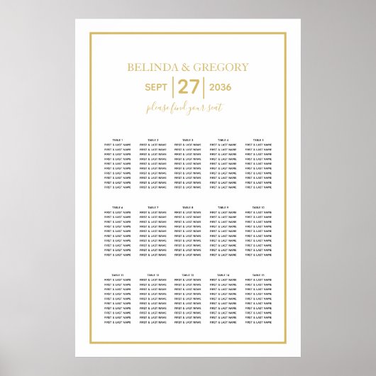 Minimalist Gold Black White Wedding Seating Chart Poster (Voorkant)