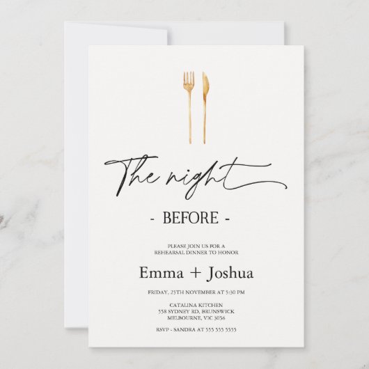 Minimalist Gold Cutlery Photo Rehearsal Dinner Kaart (Voorkant)