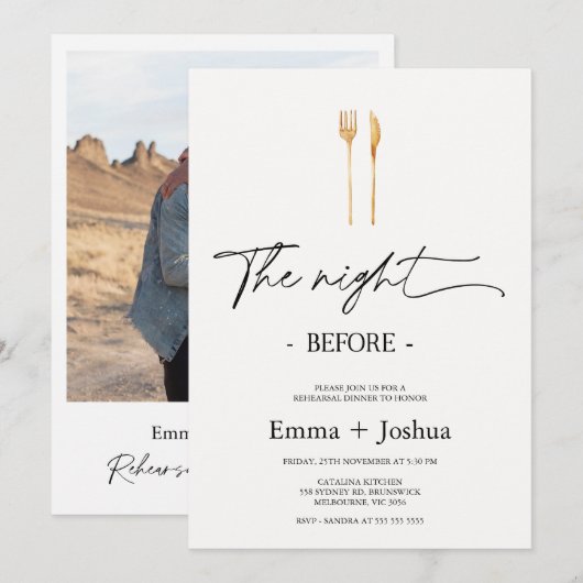 Minimalist Gold Cutlery Photo Rehearsal Dinner Kaart (Voorkant / Achterkant)