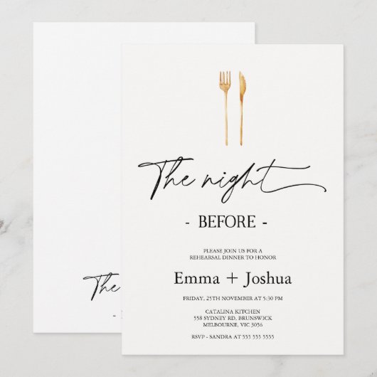 Minimalist Gold Cutlery Rehearsal Dinner Kaart (Voorkant / Achterkant)