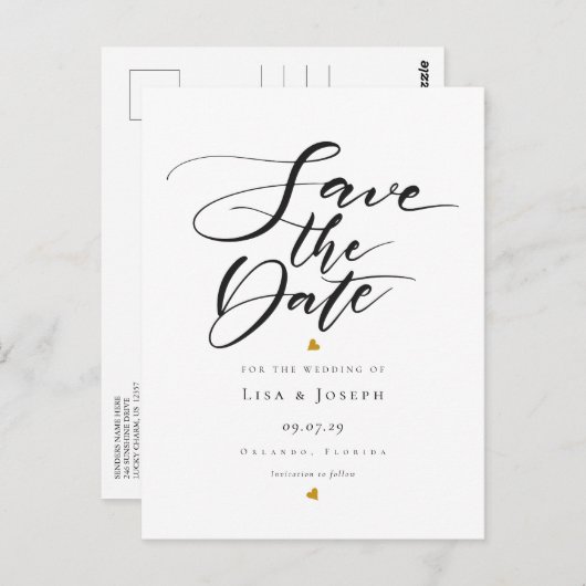 Minimalist Gold Hearts Script Sla de datum op Briefkaart (Voorkant / Achterkant)