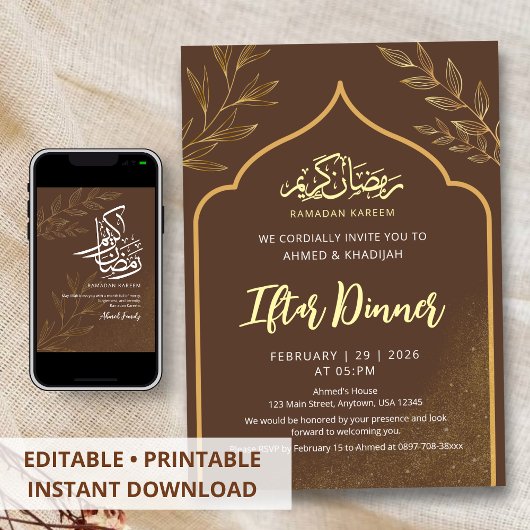 Minimalist Gold Line Art Ramadan Iftar Dinner Kaart