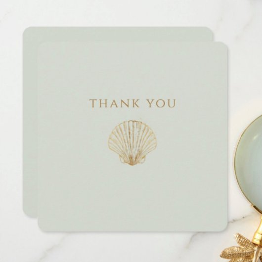 Minimalist Golden Seashell Mute Sage Wedding Bedankkaart