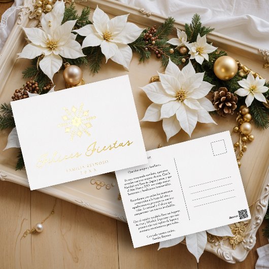 Minimalist Golden Spanish Modern Snowflake Initial Folie Feestdagen Briefkaart