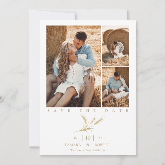 Minimalist Golden Wheat 3 Photos Collage Wedding (Voorkant)