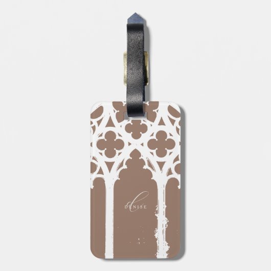 Minimalist Gothic Window Calligraphy Mocha Brown Bagagelabel (Achterkant verticaal)