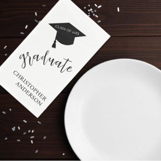 Minimalist Grad Cap Black & White Graduation Servet