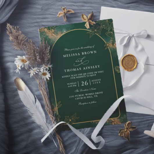Minimalist Green and Gold Modern QR Code Wedding Kaart