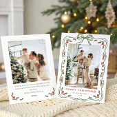 Minimalist Green Christmas Bow Ribbon 2 Photo Feestdagenkaart