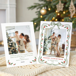 Minimalist Green Christmas Bow Ribbon 2 Photo Feestdagenkaart