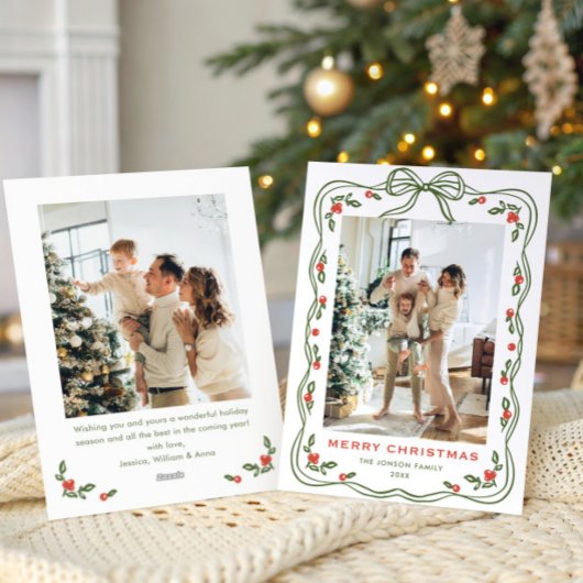 Minimalist Green Christmas Bow Ribbon 2 Photo Feestdagenkaart