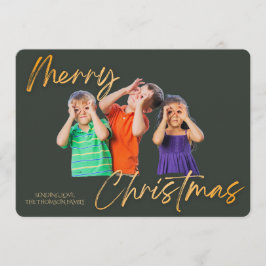 Minimalist Green Gold Merry Christmas Handwriting Kaart