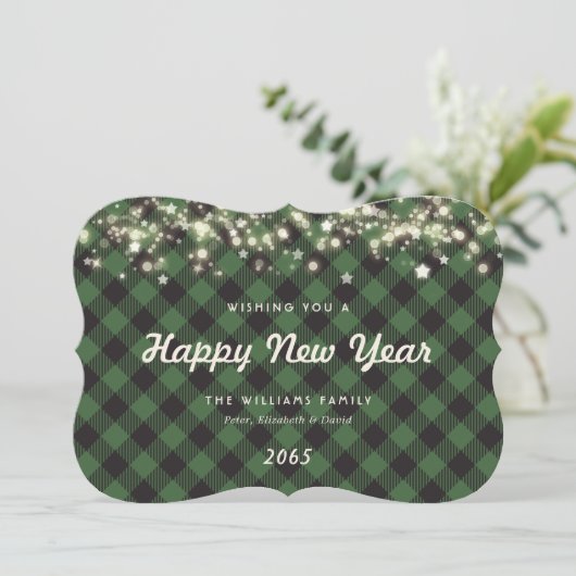 Minimalist Green Plaid New Year Card Feestdagenkaart (Staand voorkant)