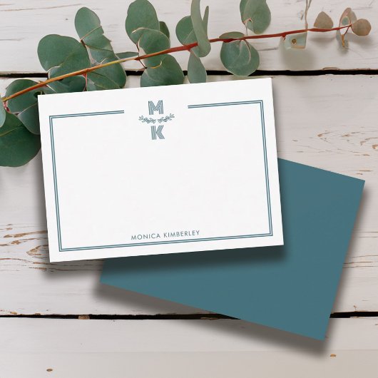 Minimalist Green Two Border Monogram Note Card Notitiekaartje