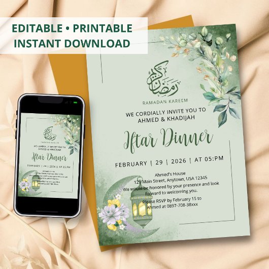 Minimalist Greenery Moon Ramadan Iftar Dinner Kaart