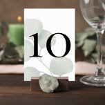 Minimalist Greenery Wedding Table Number Card Kaart<br><div class="desc">Help guests easily find their tables while enhancing your reception decor with these elegant minimalist greenery wedding table number cards. Featuring soft botanical eucalyptus-style leaves and bold modern typography, this design blends natural beauty with clean contemporary style. The large table number stands prominently over a subtle botanical background, creating a...</div>